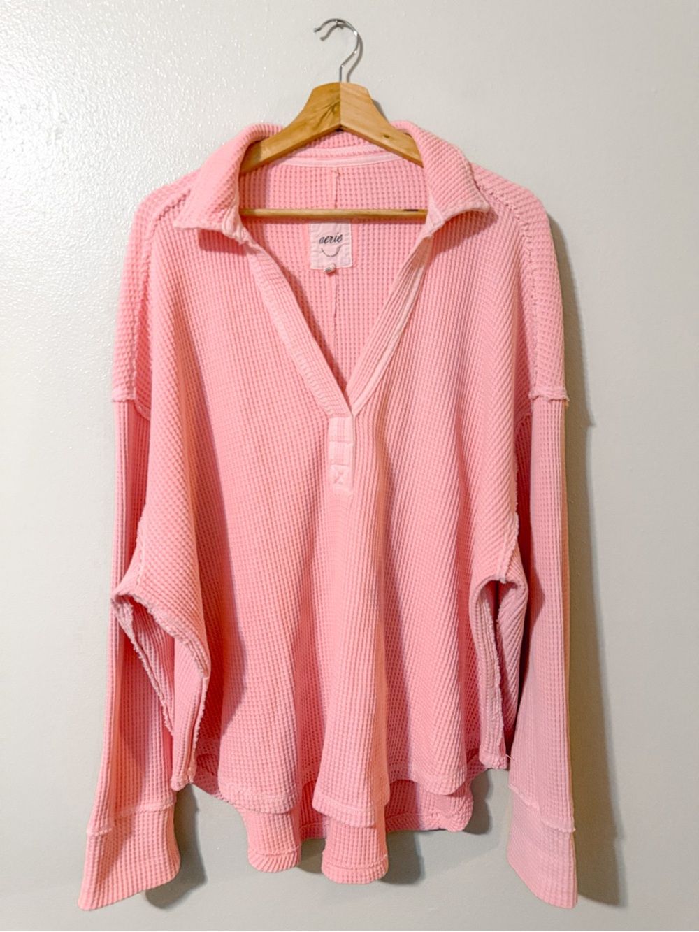 Aerie | Slouchy Oversized Waffle Knit Polo Pullover | Large | Pink